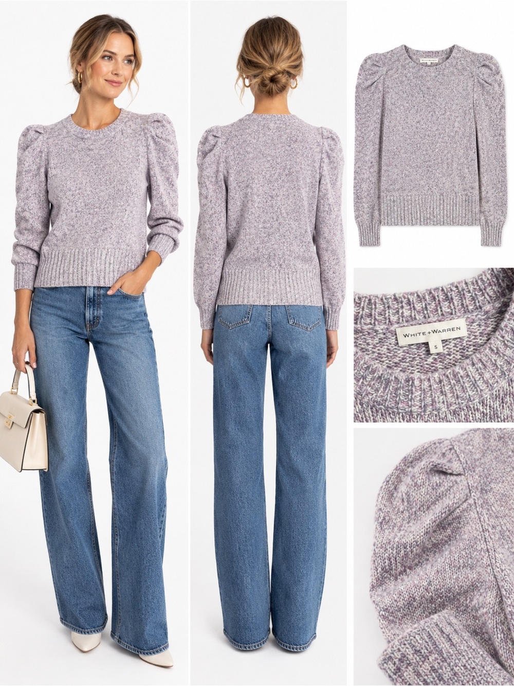 White + Warren luxurious cashmere Lilac Heather Puff-Sleeve Crewneck Sweater / S
